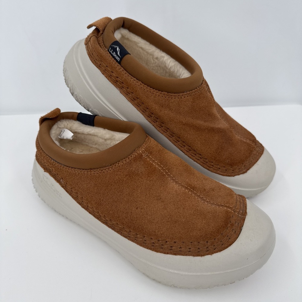 LL BEAN Women's Wicked Good Max Slippers Sz 9 Brown Suede Lamb Fur Lining Cabin